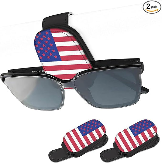 2 Pack Sunglass Holder for Car Visor, National Flag Magnetic Leather Car Sun Visor Clip for for Different Size Eyeglasses, Car Visor Accessories Gadgets (National Flag-Color)