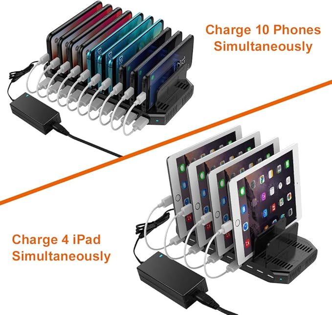 Alxum 60W 10 Port USB Charging Station Multiple Charger Station, USB Organizer Stand for iPad, iPhone Xs Max, X, 8 Plus, Samsung Galaxy, Google Pixel, LG stylo, Black (60W)