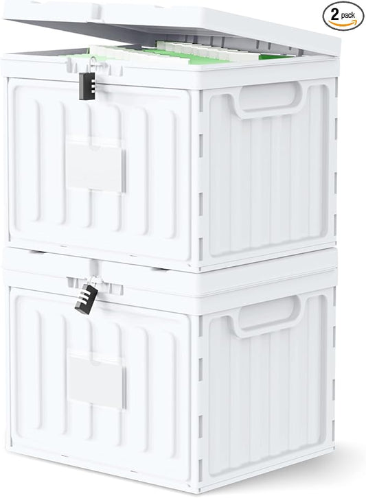 Oterri Plastic File Box with Lid for Letter Size Hanging File Folders, Hanging File Folder Box for Home, Office, School, File Cabinet, Assembly File Organizer, White，Large-2 Pack Without Folders