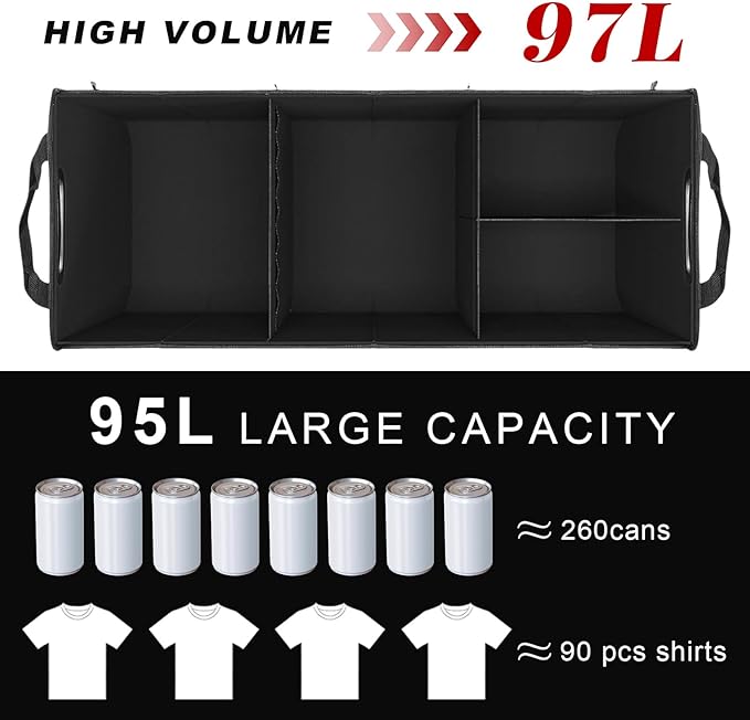 Car Trunk Organizer, Large Capacity Collapsible Cargo Organizer with Adjustable Straps Reinforced Handles, Multi-Compartment Trunk Storage Box for Car Truck SUV Sedan (Black & Gray)