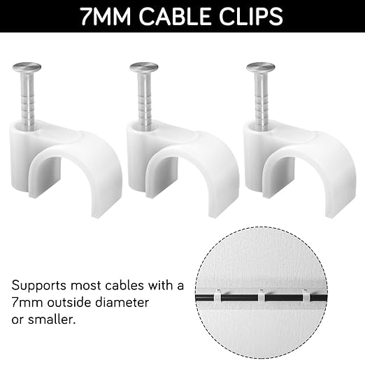 CableGeeker Cable Clips 100 Pieces Cat8 Cat7 Cat6 Ethernet Cable Clips with Nails 7mm Cord Holder for Circle Ethernet Cable (White)