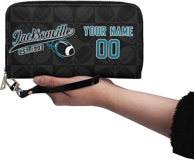 Custom Sports Team Zip Organizer Wallet-Personalized PU Leather Wallet with Name Number,Multi-Card Slots,Wrist Strap,Fan Gift for Men Women.