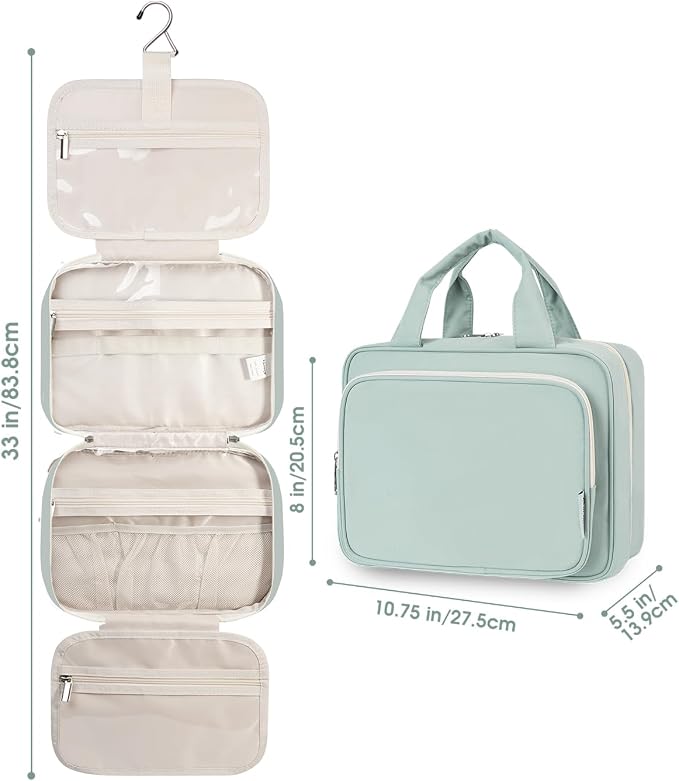 Narwey Hanging Toiletry Bag for Women Travel Makeup Bag Organizer Toiletries Bag for Travel Size Essentials Accessories Cosmetics (Mint Green (Medium))