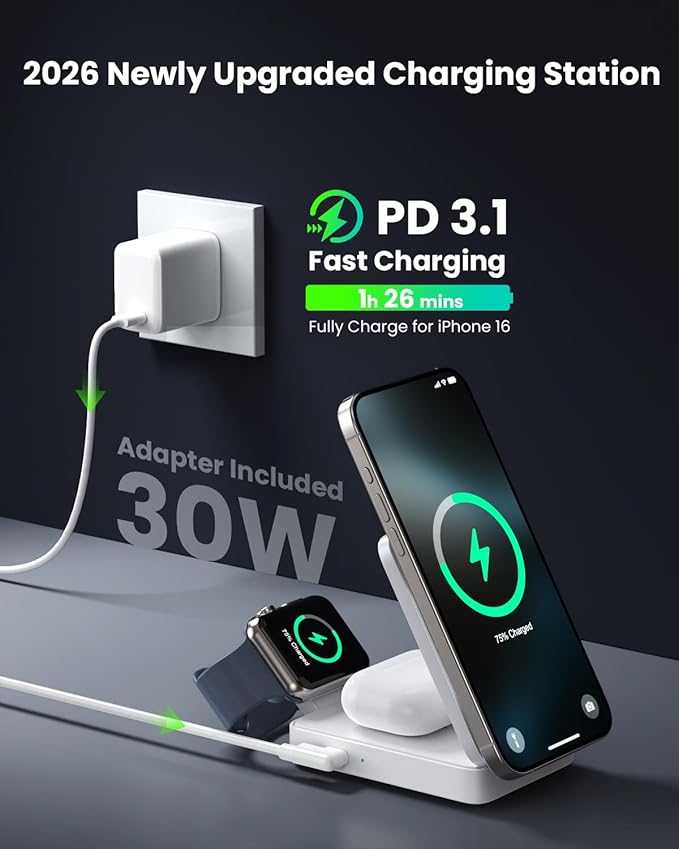 3 in 1 Wireless Charger Charging Station for iPhone,Travel Foldable Magnetic 15W Fast Wireless Charger Stand for Mag-Safe with 30W USB C Adapter for iPhone 17/16/15/14/13/12,Apple Watch,AirPods