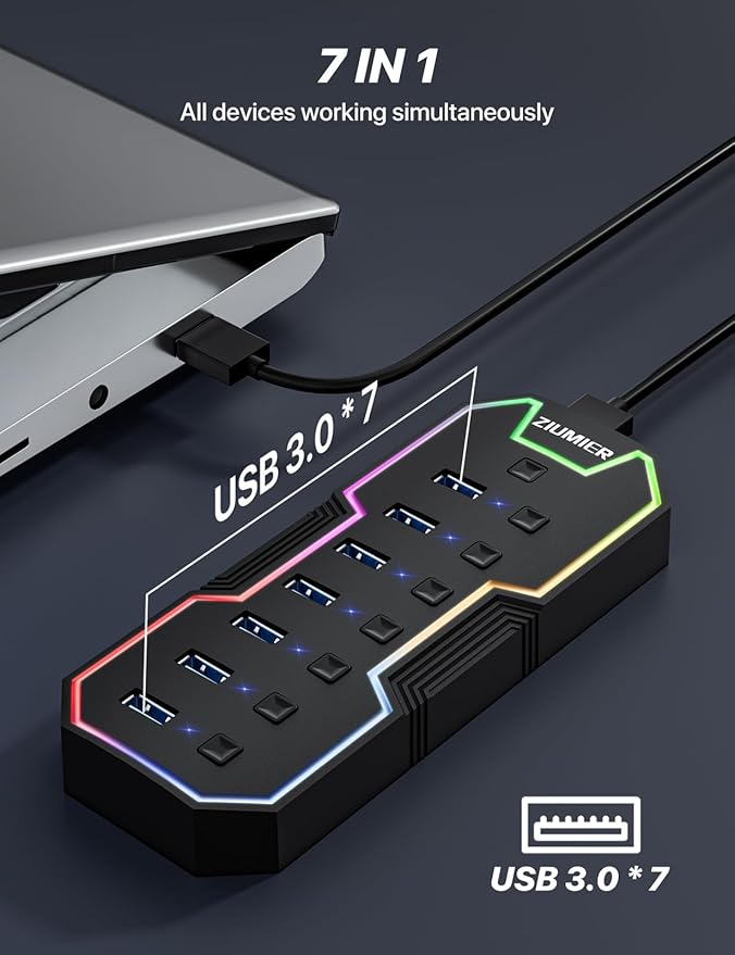 ZIUMIER USB 3.0 Hub,7 Ports USB Expander with RGB LED Strip,USB Hub for Laptop,Individual LED On/Off Switches for Mac, PC, Desktop, Flash Drive, Mobile HDD