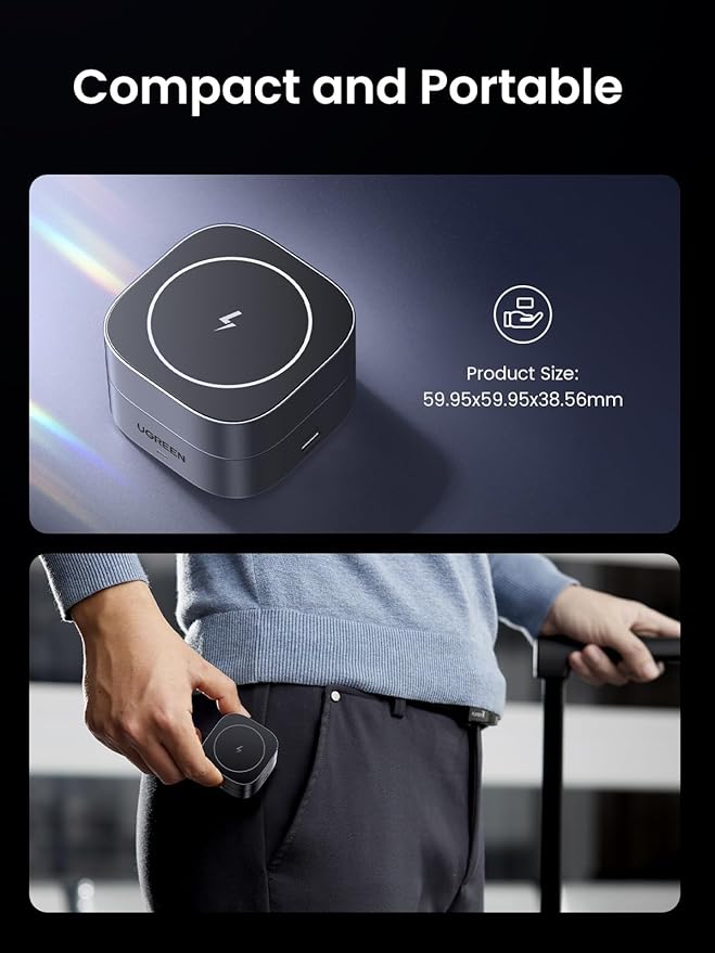 UGREEN MagFlow Magnetic Foldable Charging Station, 2-in-1 Fast Wireless Charger Compatible with iPhone 17 17 Air 17 Pro 17 Pro Max 16 15 14 13 12, Airpods3 2 Pro (No AC Adapter)