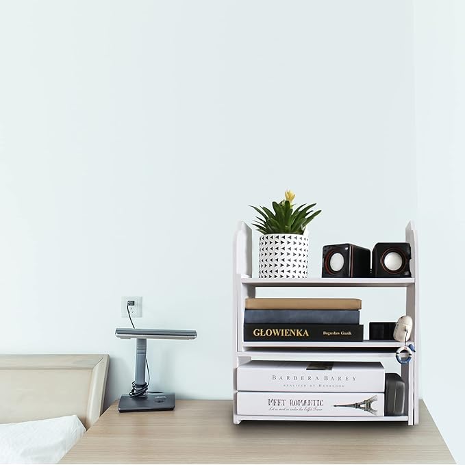 YGYQZ Adjustable PVC Desktop Organizer Storage Rack - White Desk Shelf for Office, Women, Dormitory & Home Decor
