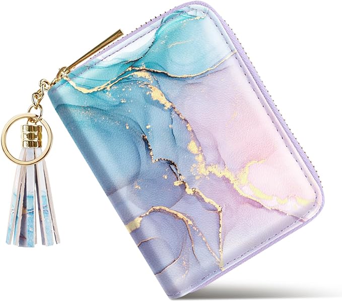 Coco Rossi Leather Credit Card Wallet for Women, RFID Blocking Zipper Cards Holder with Tassel, Gradient Marble