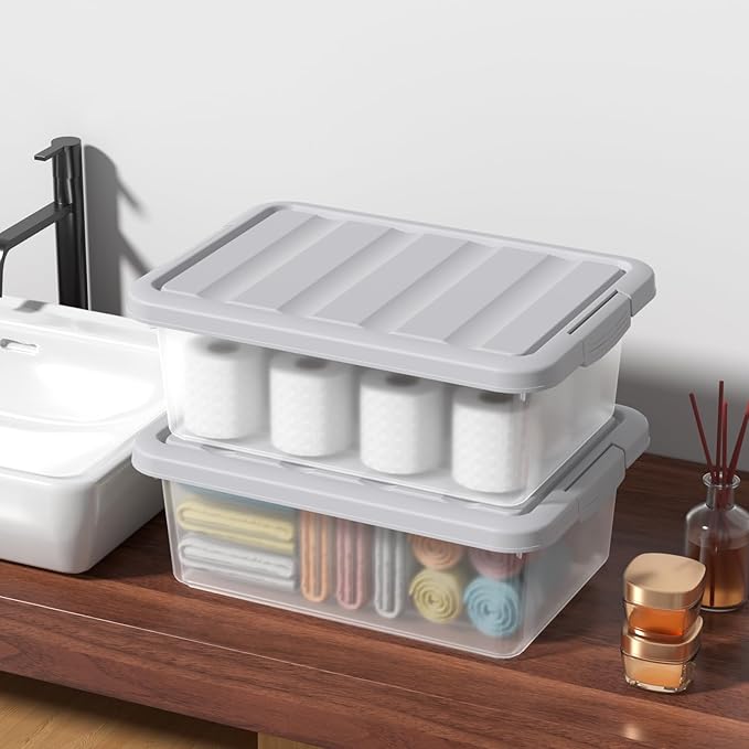 Clear Storage Bin with Lid, Plastic Stackable Container Organizer, Medium-14 Quart, Grey, 2 Pack
