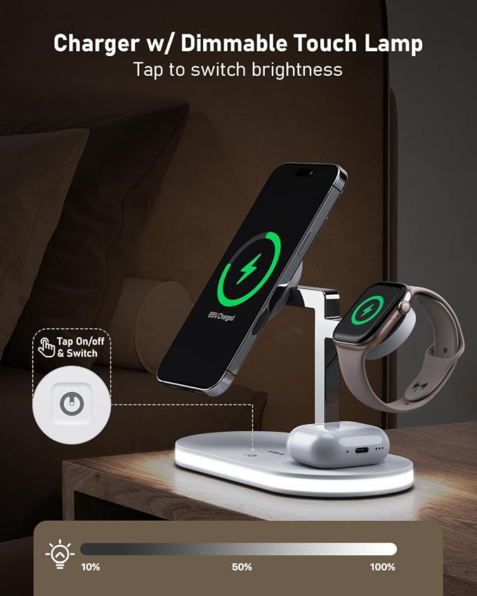 VBA 4 in 1 Wireless Charging Station for Apple MagSafe Charger,Fast Charging Magnetic Wireless Charger Stand with Night Light for iPhone 17 Air 16 15 14 13 12 Series,Apple Watch,AirPods Pro (White)