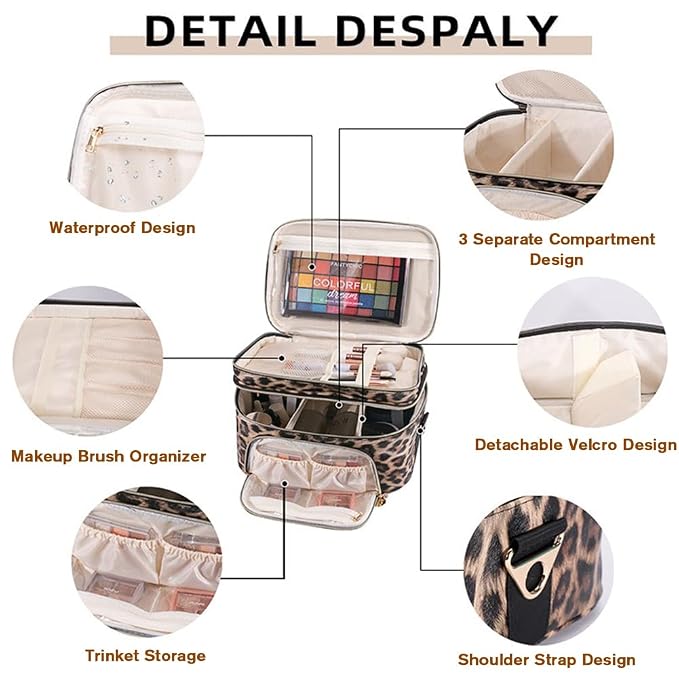 FITINI Double Layer Travel Makeup Bag,Women Cosmetic Organizer Case,Skin Care Essentials Toiletries Bags with Shoulder Strap Waterproof Brush Storage with Removable Dividers,Extra Large Brown Leopard
