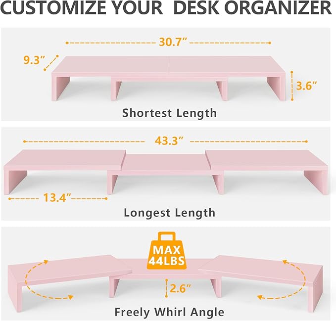 TAVR Dual Monitor Stand Riser, Computer Monitor Stands for 2 Monitors, Extra Long Multifunctional Desktop Organizer Riser for Computer, Laptop, PC, Printer, TV, Max 43.3" Length, Pink