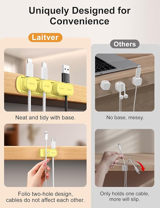 6 Pack Magnetic Cable Clips [1s Open/Lock], Laitver Cord Organizer Holder Strong Adhesive Desk Cable Management- Organize Charging Cords Neatly for Home, Office, Car,Desk, Nightstand-Cream Yellow