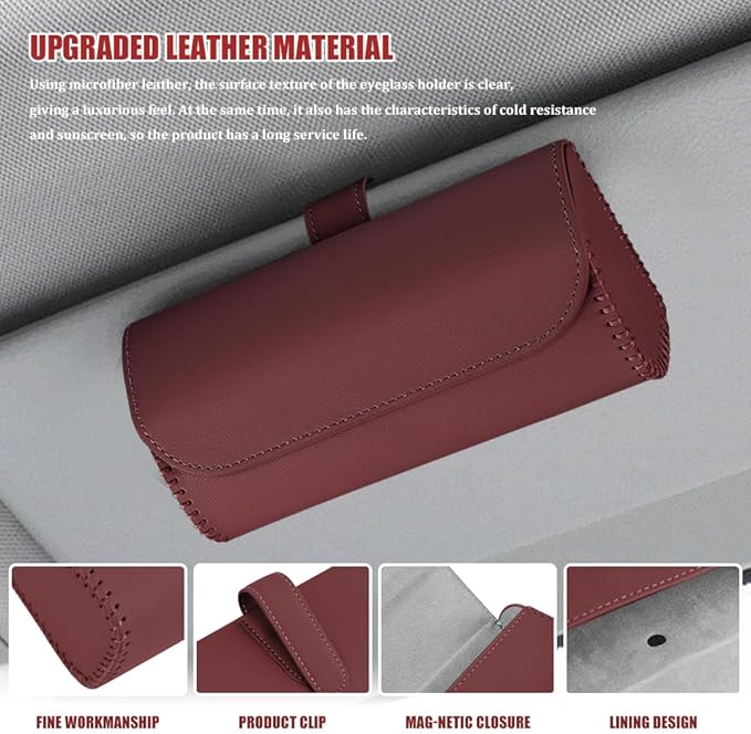 Sunglasses Holder for Car Sun Visor, Leather Auto Eyeglasses Storage Case with Hidden Magnetic Closure, Universal Protective Glasses Organizer Box, Visor Accessories for Woman Man (Wine red)