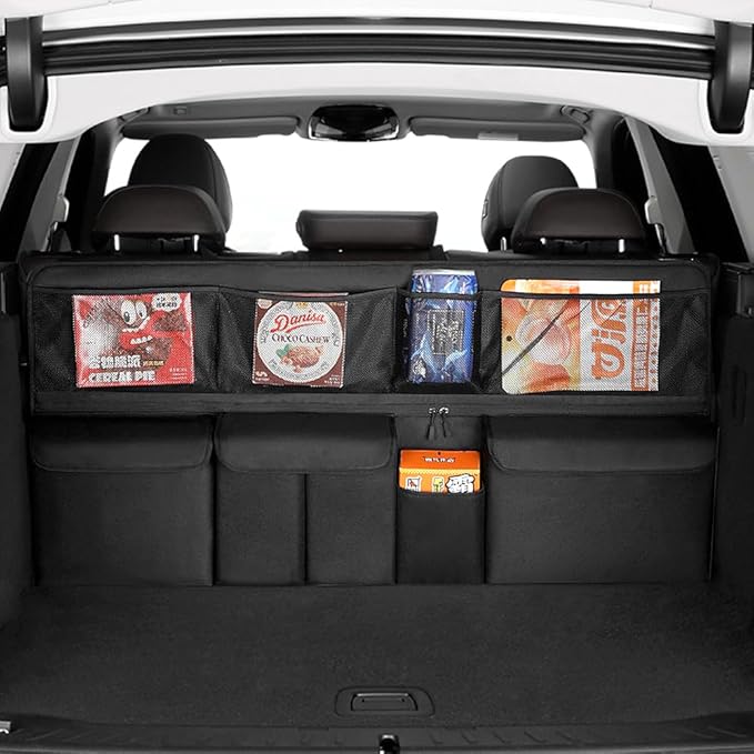Viaviat Hanging Car Trunk Organizer, Collapsible Backseat Storage Bag with 9 Large Pockets for Medium or Large Size SUV, Truck, MPV, Car Interior Accessories (Black)