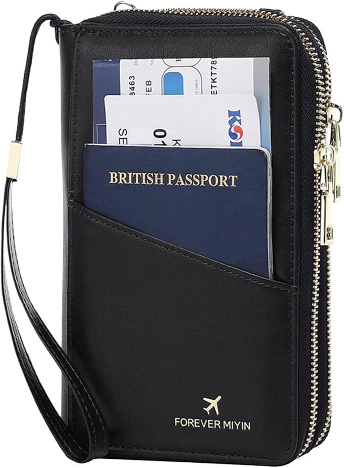 GOIACII Passport Wallet Travel Crossbody Bags for Women Wristlet Phone Purse Double Zip Vegan Leather Black