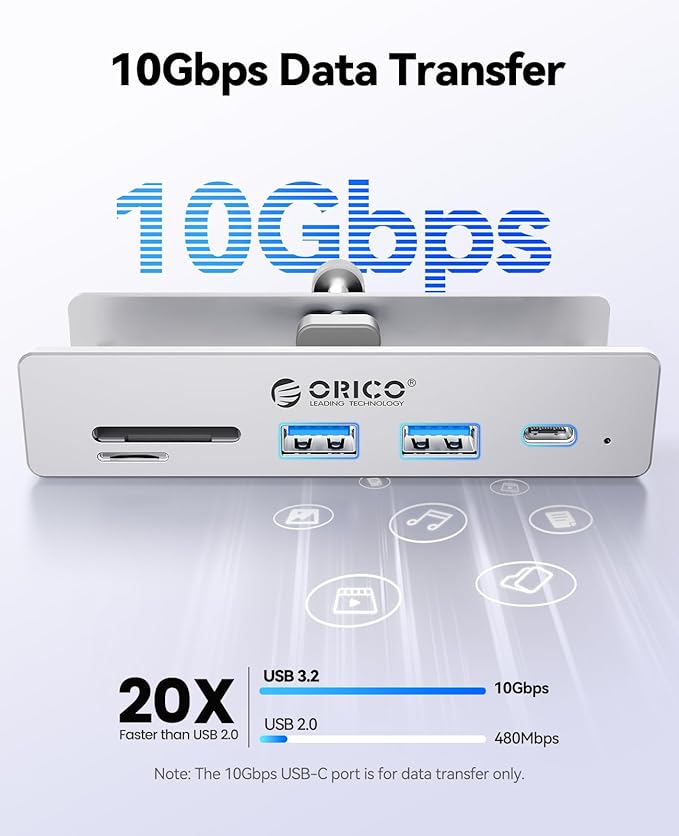 ORICO USB Hub 3.2, Clamp USB-Hub with Extra Power Supply Port, 10Gbps Aluminum 5-Port USB Extender with 2 USB-A 3.2 Ports, USB-C 3.2, SD/TF Card Reader 3.0, USB-3.2 Splitter for Monitor, Desk