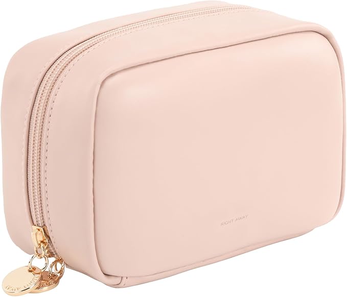 RIGHT AWAY Makeup Bag,Travel Cosmetic Bag Organizer with Zipper,Waterproof Toiletry Bags Makeup Pouch for Purse, Small Make Up Bag &Cases with Compartments for Women Girls（Pink）