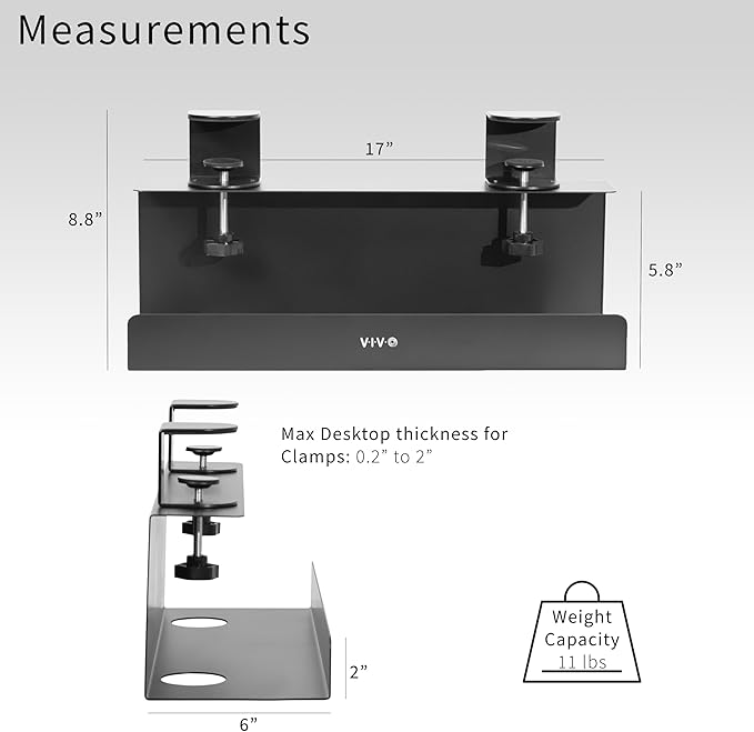 VIVO No Drill Clamp-on 17 inch Power Strip Cable Management Tray, Under Standing Desk Steel Cord Organizer, Black, DESK-CM6L-B