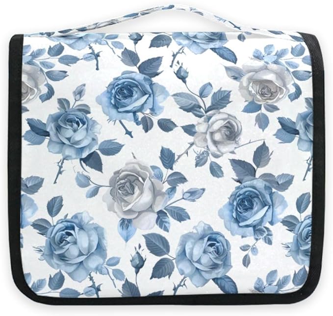 senya Hanging Travel Toiletry Bag Cute Kit Makeup Case Cosmetics Organizer for Men Women (Roses Blue White Pedals)