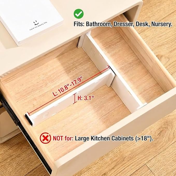 6-Pack Adjustable Drawer Dividers (10.8"-17.9"), 3.1" High Expandable Organizers for Baby Nursery, Bathroom Vanity, Desk & Junk Drawers - Non-Slip Locked Separation
