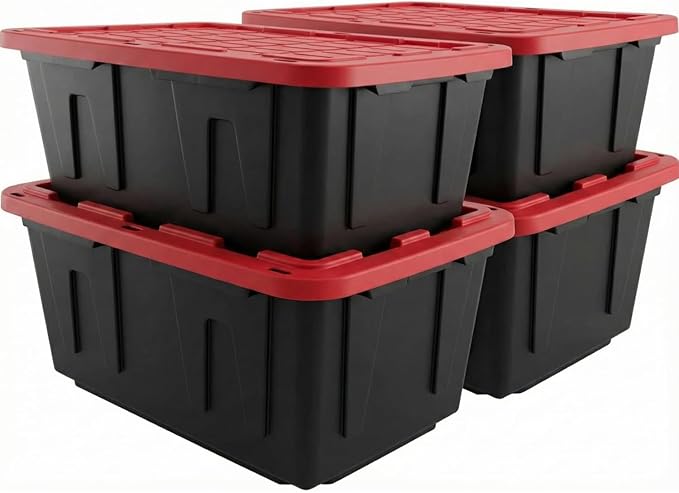 27 Gal Industrial Tote,4 Pack Plastic Storage Bins with Lids Tough Large Storage Bin,Black with Red Lid Plastic Storage,Stackable & Nestable for Garage, Basement, or Outdoor (4 Pack)