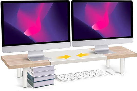 Dual-Monitor-Stand-Riser-For-Desk Adjustable Length 32-40 Inch，Large Desktop Computer Monitor Riser For 2 Screens，Desk Shelf Organizer Riser Stand For Computer/Laptop/PC/Printer/TV Black