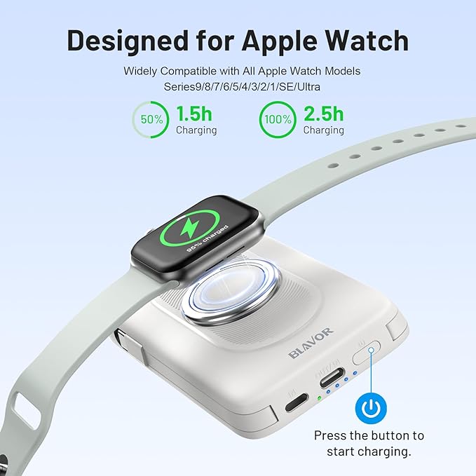 BLAVOR for Magsafe Portable Charger with Built-in Cables, 10000mAh Wireless Magnetic Power Bank with Stand, USB C 20W PD Fast Charging Travel Battery Pack for iPhone 17/16/15/14/13/12 and Apple Watch
