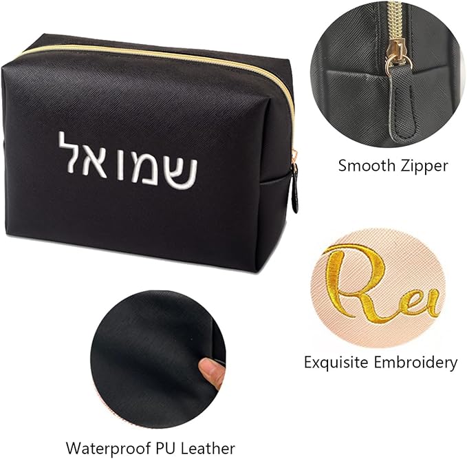 GOPHIE Personalized Embroidered Makeup Bag, Toiletry Bag for Women, Large Cosmetic Travel Bag, Gift For Bridesmaid,Set of 6,Black