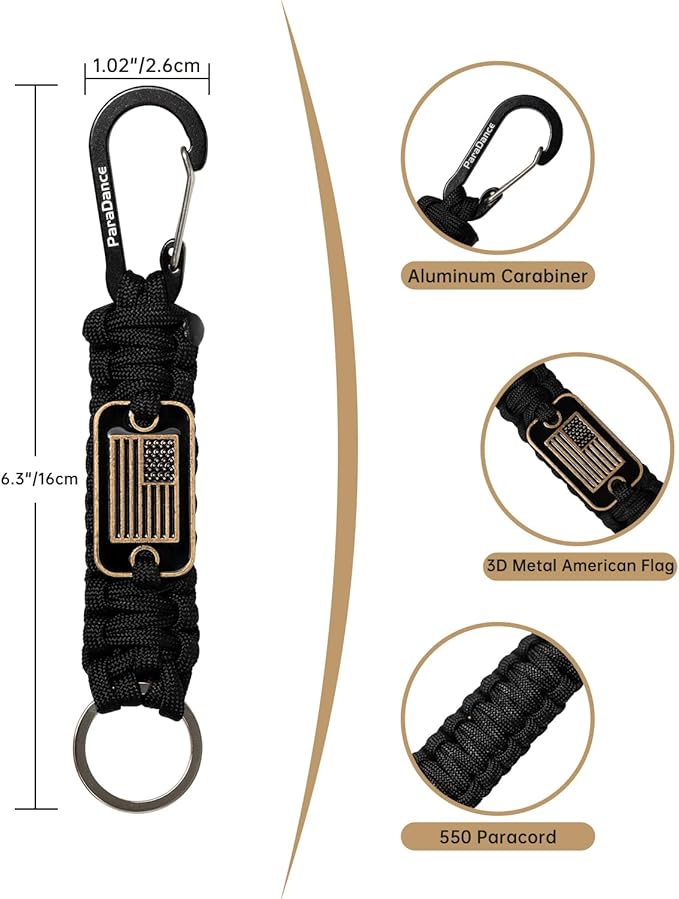 Paracord Keychain Braided Rope Key Chain w/USA Flag Carabiner Hook Clip for Men Women Keys Backpack Belt Camping