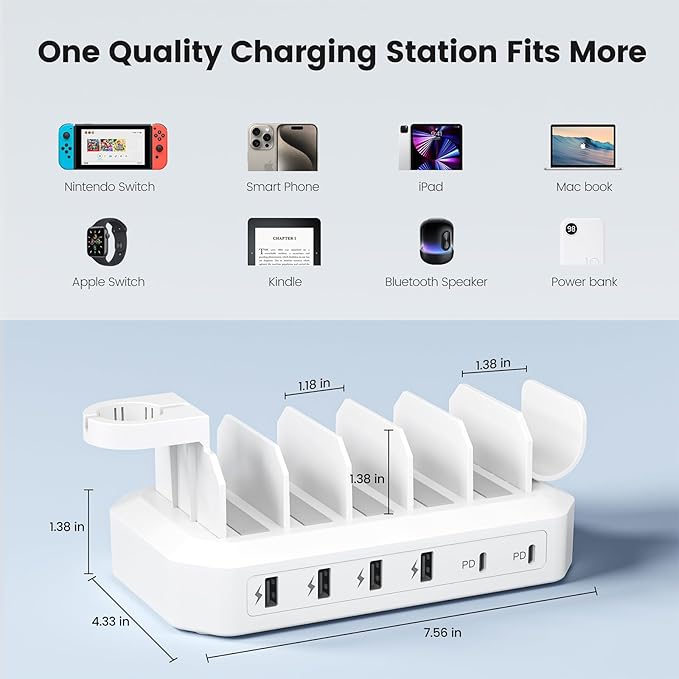 [2026 Upgrade] 190W Fast Charging Station for Multiple Devices【Certified Safer Charging】 6 Port USB Charger Station - Multi-Device Charging Dock with Phone/MacBook/iPad/Tablet (8 Mix Cables Included)