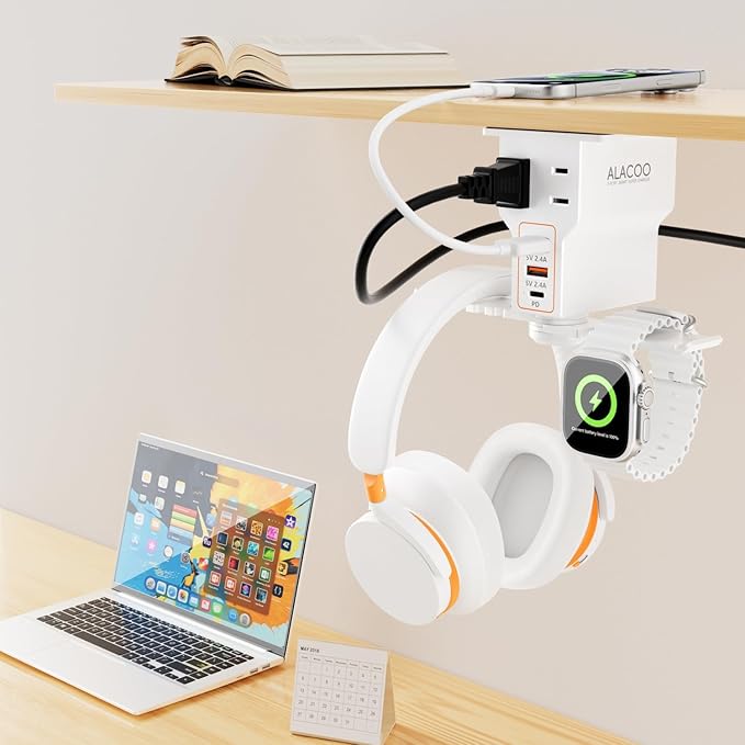 Gaming Headphone Stand with Charging Station - Aluminum Hooks Headphone Holder, Under Desk Headset Stand, 3 USB & AC Outlet, Surge Protector & Cable Organizer, Gift for Girl/Men