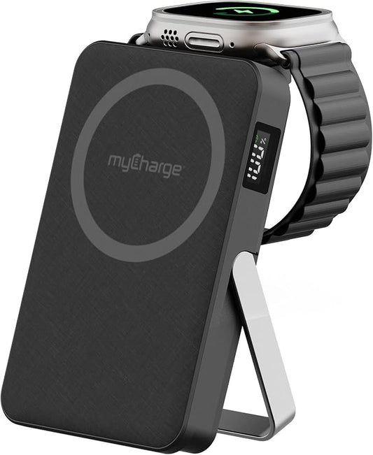 myCharge CliqLuxe Magnetic Wireless Power Bank 10,000mAh | iPhone & MagSafe Compatible | Qi2.2 25W Mag Safe Portable Charger | Built-in Stand | 2.5W Apple Watch Charger | Premium Black Fabric