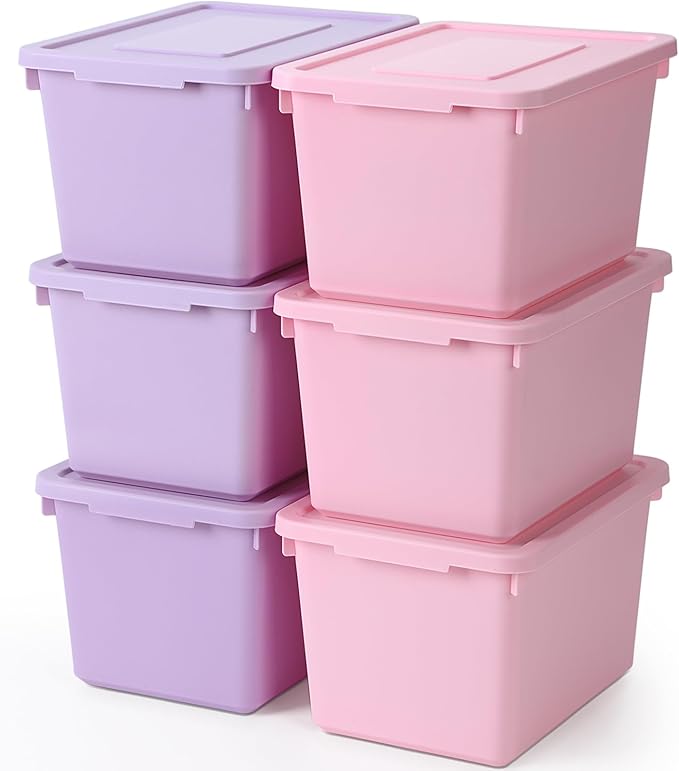 Potchen 6 Pack Cute Plastic Storage Bins with Lids Decorative Stackable Storage Boxes 9.8" ×7.3" ×5.7" Small Storing Totes for Organizing Craft Office Supplies (Pink,Purple)