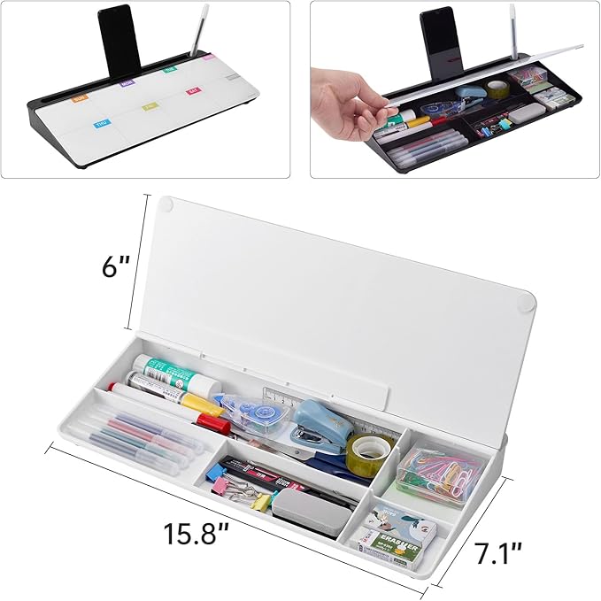 TSJ OFFICE Whiteboard Weekly Dry-Erase-Board - Desktop White Board Calendar Desk Organizers with Accessories Computer Keyboard Stand with Drawer, for Office, Home, School Supplies - White Calendar