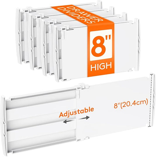 Lifewit 8" Tall 4 Pack Drawer Dividers, 35-56.5cm/13.8-22.2" Expandable Drawer Divider for Clothes, Adjustable Dresser Drawer Organizers, Drawers Separators for Dresser/Bathroom/Closet/Kitchen White