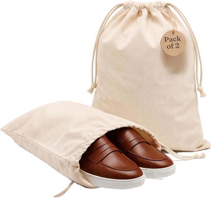 Cotton Shoe Bags with Drawstring | Dustproof, Washable Travel Shoe Pouch | Natural Canvas Organizer for Men & Women | Fits Sneakers, Sandals, Slippers | 14” x 17” (Pack of 2)
