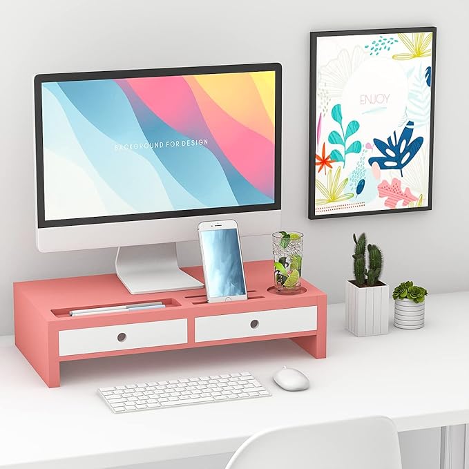 Monitor Stand Riser with Drawer - Pink & White Laptop Stand, Bamboo Desktop Shelf Organizer for Computer, TV, Printer, Office Supplies & Accessories with Phone Holder & Cups Slot, No Assembly Needed