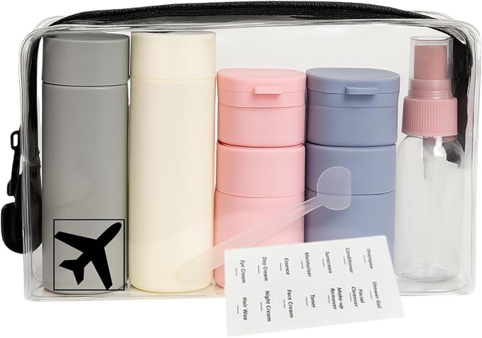 9pc Travel Toiletry Containers Bottles Jars Set Leakproof Cream Dispenser w/Carry Bag TSA Approved Refillable for Airplane Travel, Gym (Mix A)