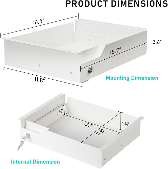 Under Desk Drawer Storage with Lock, Metal Undermount Table Drawer, Ball Bearing Slides Out Tray Organizer for Paper, Pencil, and Laptop 16"x11.8"x3.6", White