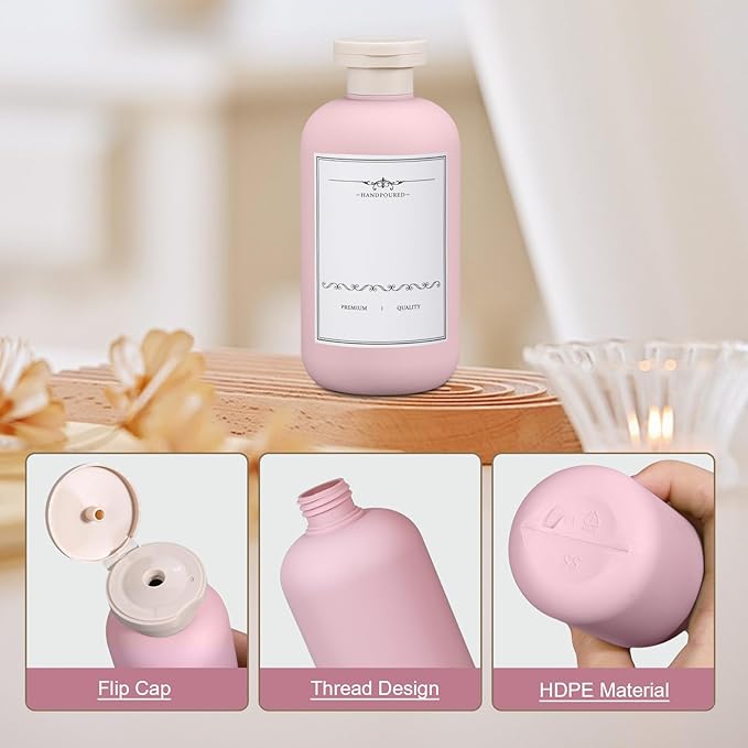 Travel Shampoo Bottle, Empty Plastic Squeeze Bottles 10oz with Flip Cap, Lotion Container for Toiletries Travel Size Shampoo and Conditioner (3 pack pink)