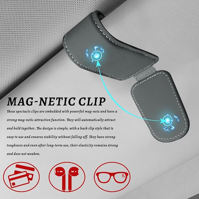 Sunglass Holder for Car, Car Sunglass Holder, Magnetic Leather Sunglasses Holder and Ticket Card Clip, Auto Multi-Functional Sun Visor Eyeglass Holders for SUV Pickup Truck (Grey)