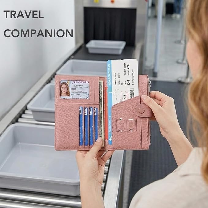 Gyanm Genuine Leather RFID Blocking Passport Holder for Women, Slim Travel Wallet with Zipper Coin Pocket, Card Slots and SIM Slots, Compact Passport Cover Case, Pink