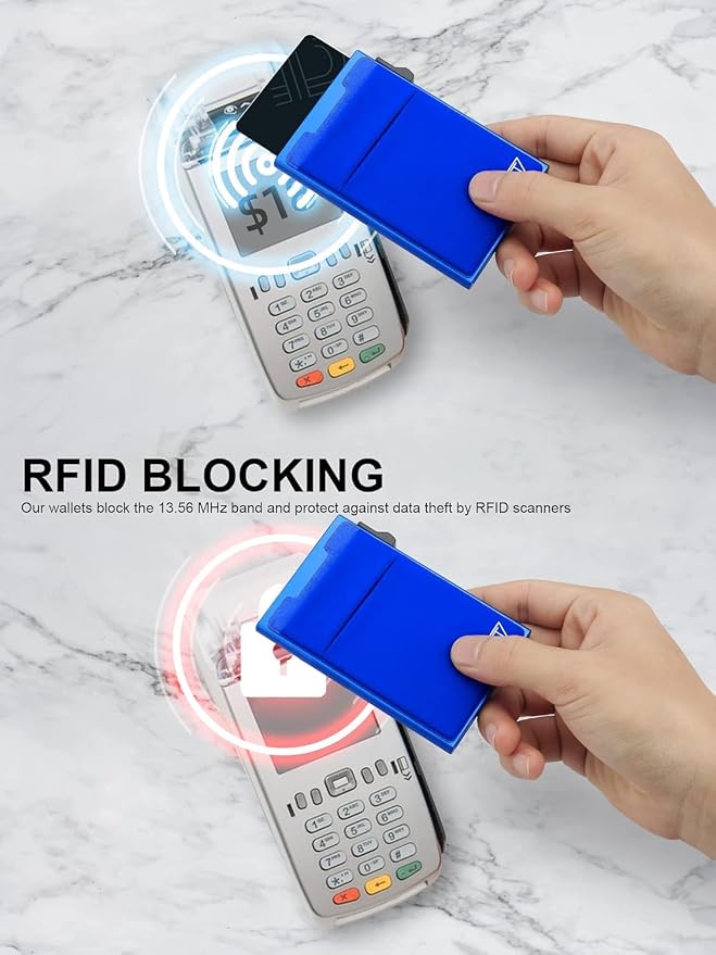 TOYFID Aluminum Wallet for Men - RFID Protected, Scratch Resistant, Large Capacity, Extra Pocket, Sliding Button, Blue