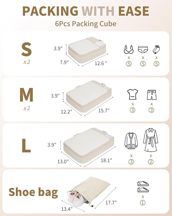ECOHUB 6 Set Packing Cubes for Travel Durable Suitcase Organizer Bags Set with Personalized Tag Travel Essentials with Shoe Bag Traveling Accessories for Luggage Machine Washable, Beige