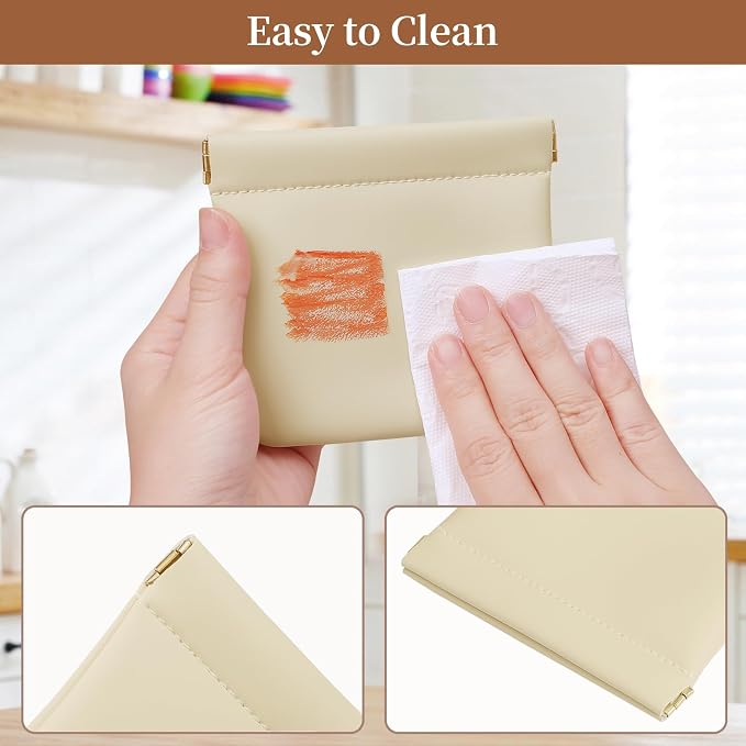 2 Pack Small Makeup Bag for Women, New Organosilicon Super Fiber PU Leather Mini Cosmetic Bag for Travel, Coin Purse Organizer Storage Pouch (No Phrase Printed, Beige)