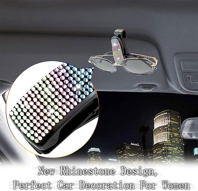 Set of 2 Bling Rhinestone Car Sun Visor Glasses Holders with Anti-Scratch Sponge,Car Decoration for Women Girls,Ticket Card Clip Visor Organizer,Universal Rhinestone Auto Accessories (Colorful)