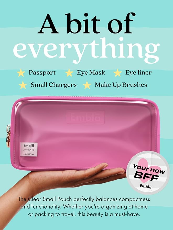 Embla Medium Clear Makeup Bag Travel for Toiletries Cute Make Up Nylon Organizer Pouches Quart Size Cosmetic Bags for Women Girls Zipper Toiletry Skincare Pouch Organizer for Purse Hot Pink