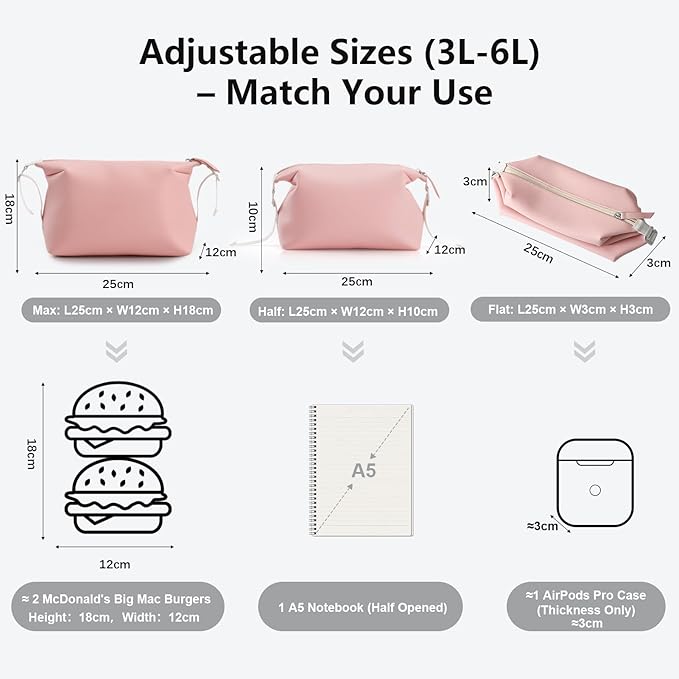 Vomgomfom 6L 13 Inch Silicone Toiletry Bag, Waterproof Leakproof Travel Cosmetic Organizer, Adjustable G-Buckle Compression Dopp Kit, Foldable Makeup Bag for Women & Men (Pink, 13" 6L)