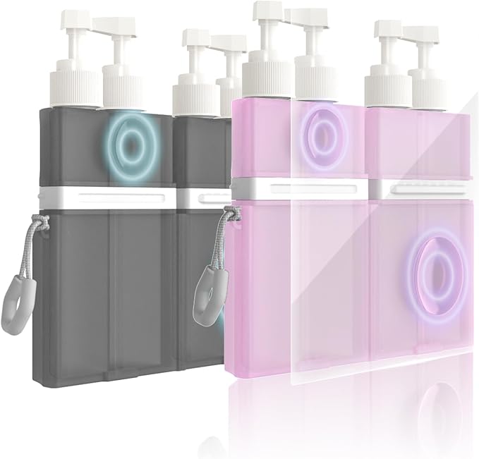 2P 4 in 1 Travel Toiletry Containers,TSA Approved Refillable Travel Size Toiletries Bottles Set with Suction Cup for Smooth Walls - for Shampoo,Conditioner,Body Wash,Lotion. (Pink+Grey)